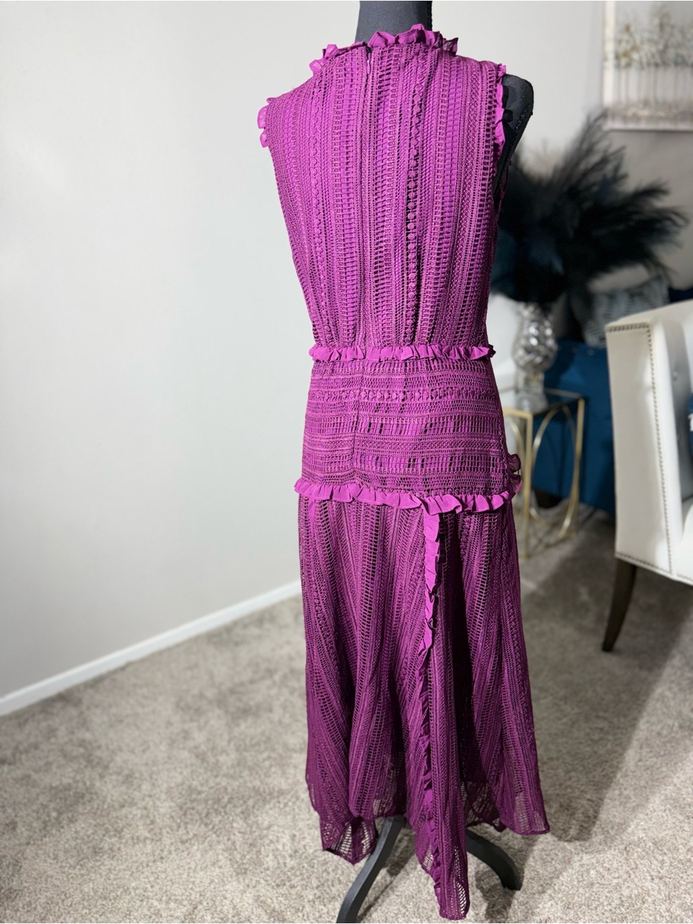 Sundance Boho Purple Crochet Lace Ruffle Midi Dress⁠  size Small - Picture 5 of 9